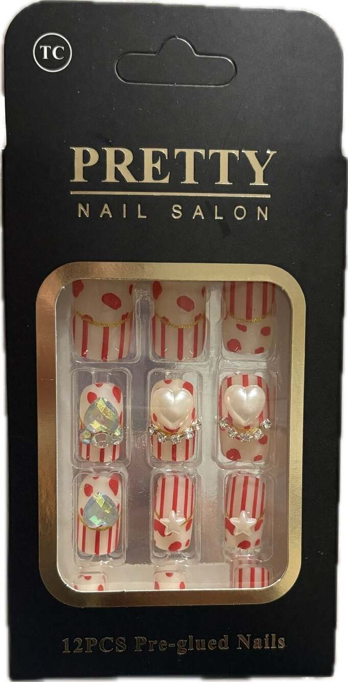 Pretty Nail Salon 12-Piece Pre-Glued Red and White Striped Press-On Nails